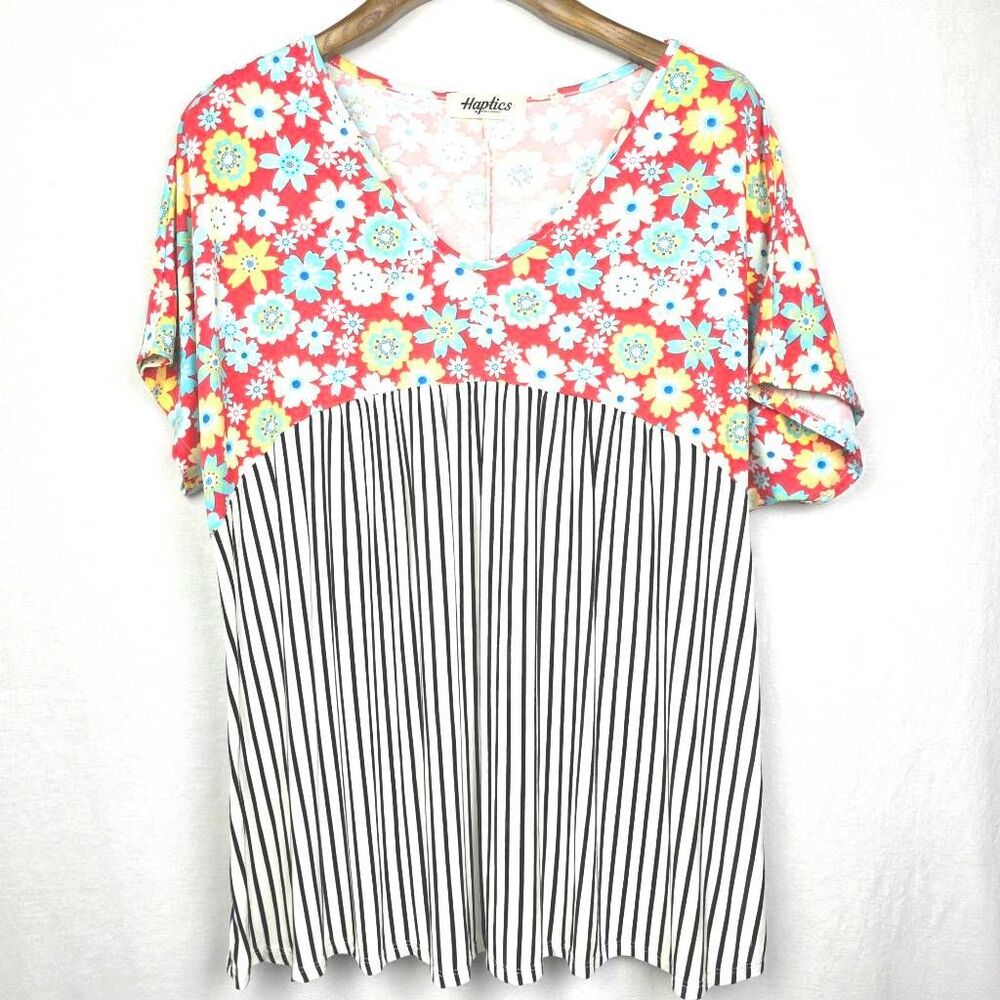 Haptics Floral Stripe Colorblock Top L